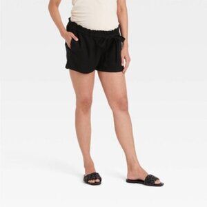 NWT Tie-Front Pull-On Elastic Waist Black Linen Maternity Shorts
